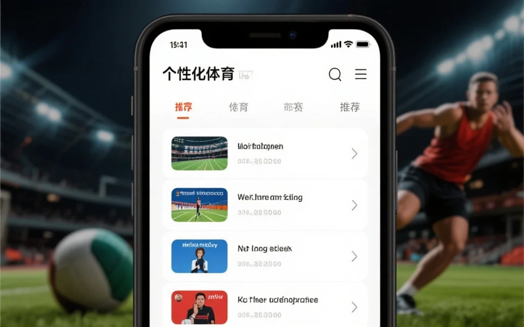 一部智能手机屏幕上显示个性化体育赛事推荐列表，界面整洁，内容丰富，背景为运动元素