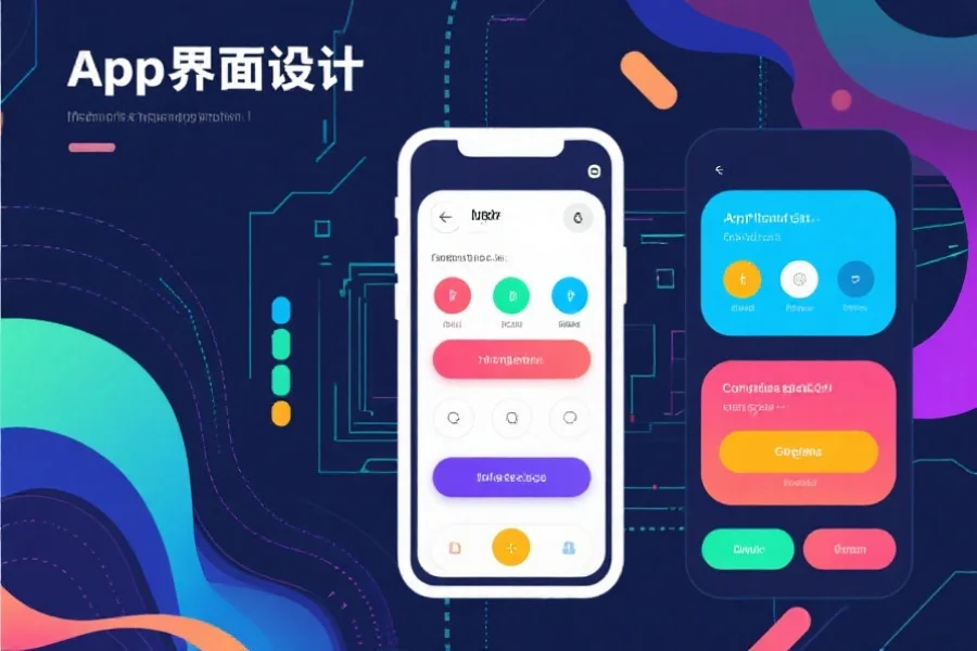 一张展示移动应用界面设计的插画，界面清晰整洁，按钮色彩明亮，背景为抽象科技风格